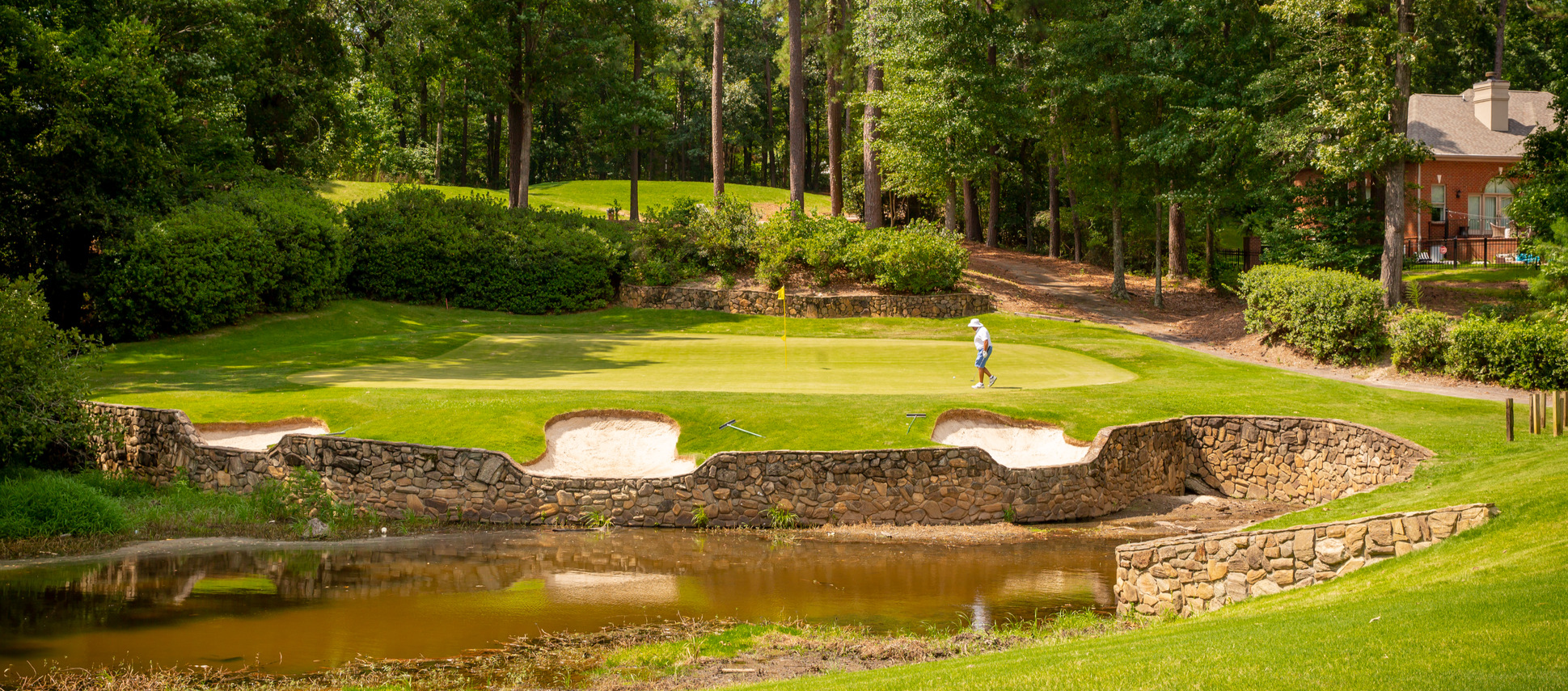 Image of golf ball on tee on grass.